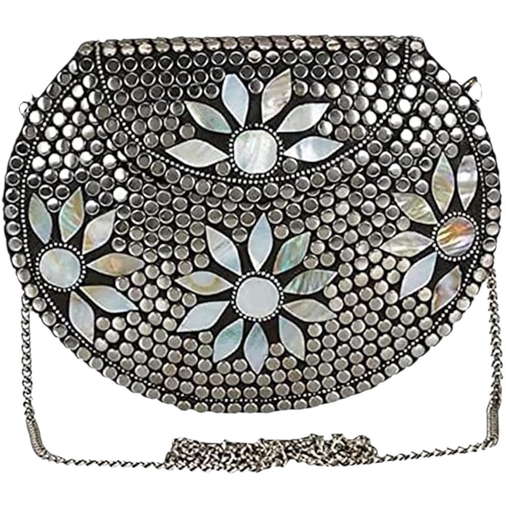 RAMLA Elegant Silver Mosaic Bag/Clutch with Mother of Pearl